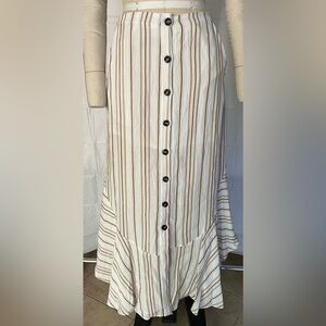 Forever 21 Long button down skirt. Tan and light tan stripes white background.